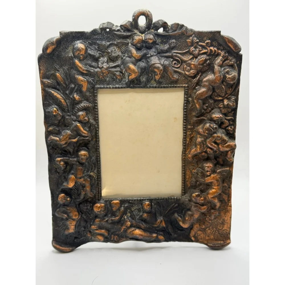 Vintage Ornate Cast Metal Picture Frame Cherub Floral Black Bronze Patina 4.5x6